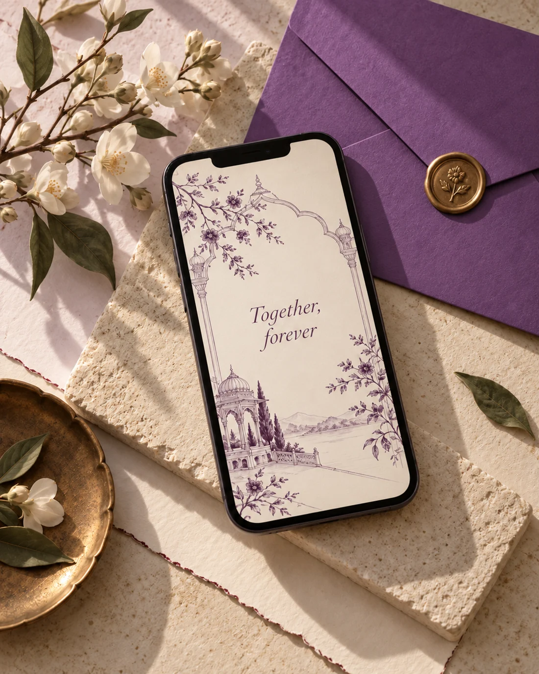 An elegant digital invitation beside purple stationery and ivory flowers